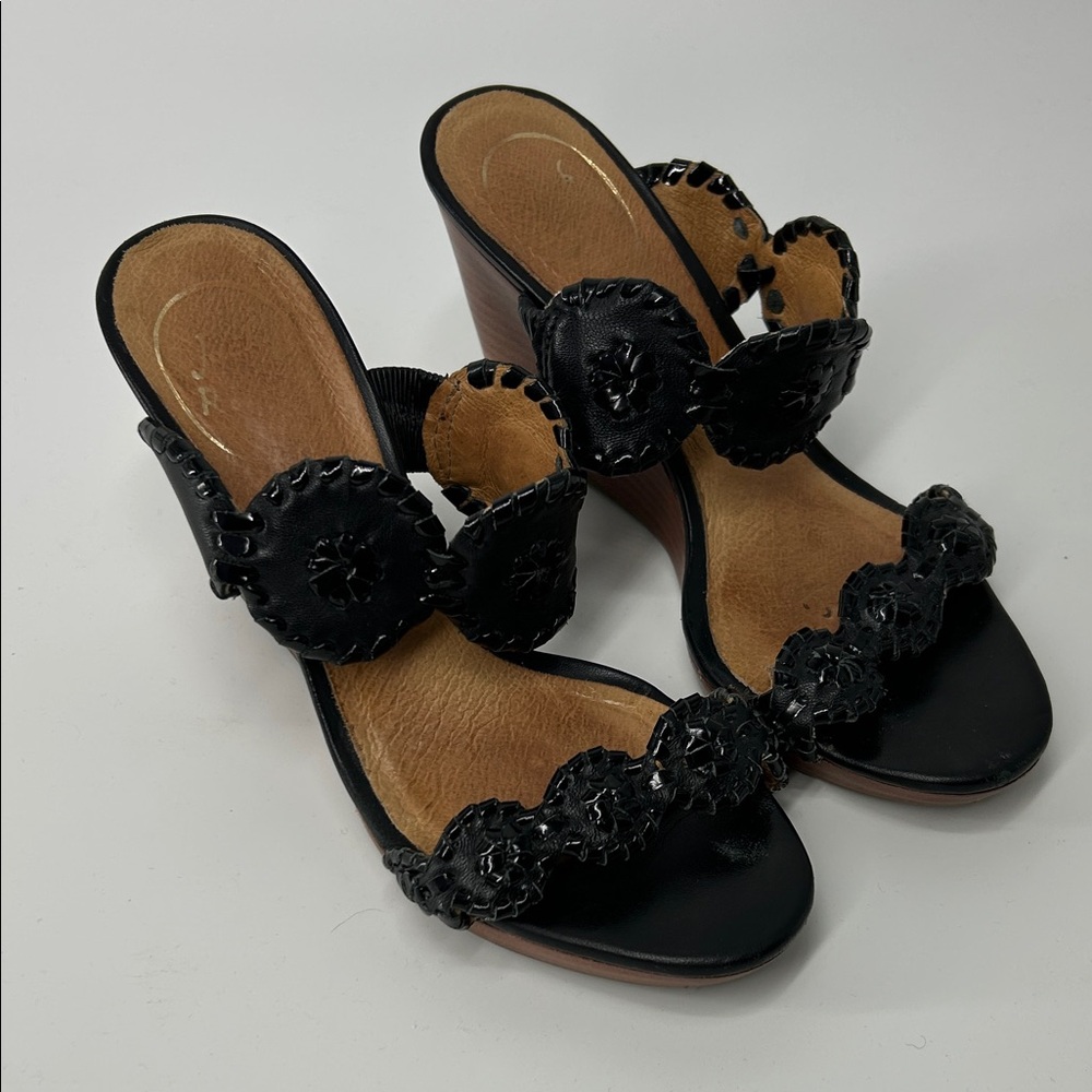 Jack Rogers Black Leather Wedge Sandals with Scalloped Accents